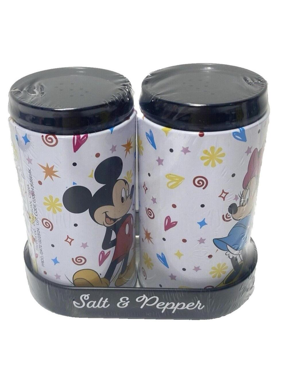 Disney Mickey Minnie Mouse Salt Pepper Shakers Tin Set w/ Display Tray New Cute